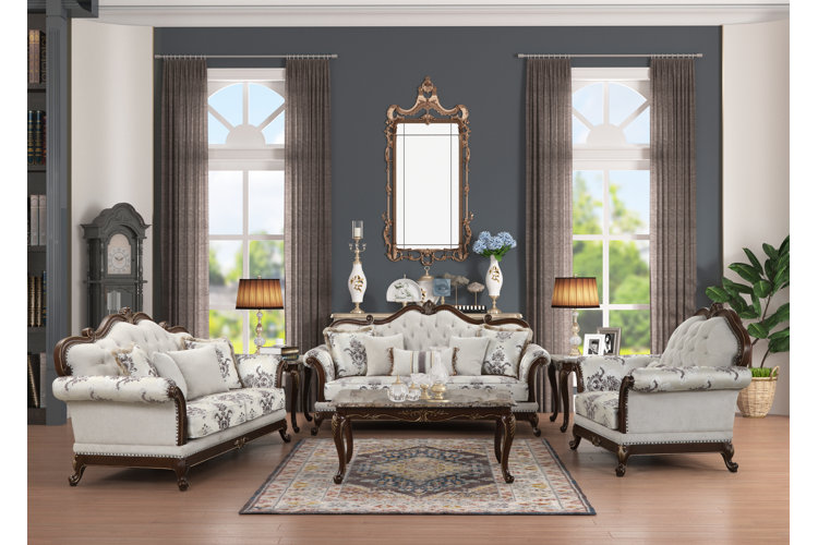 muted floral antique-style living room furniture set