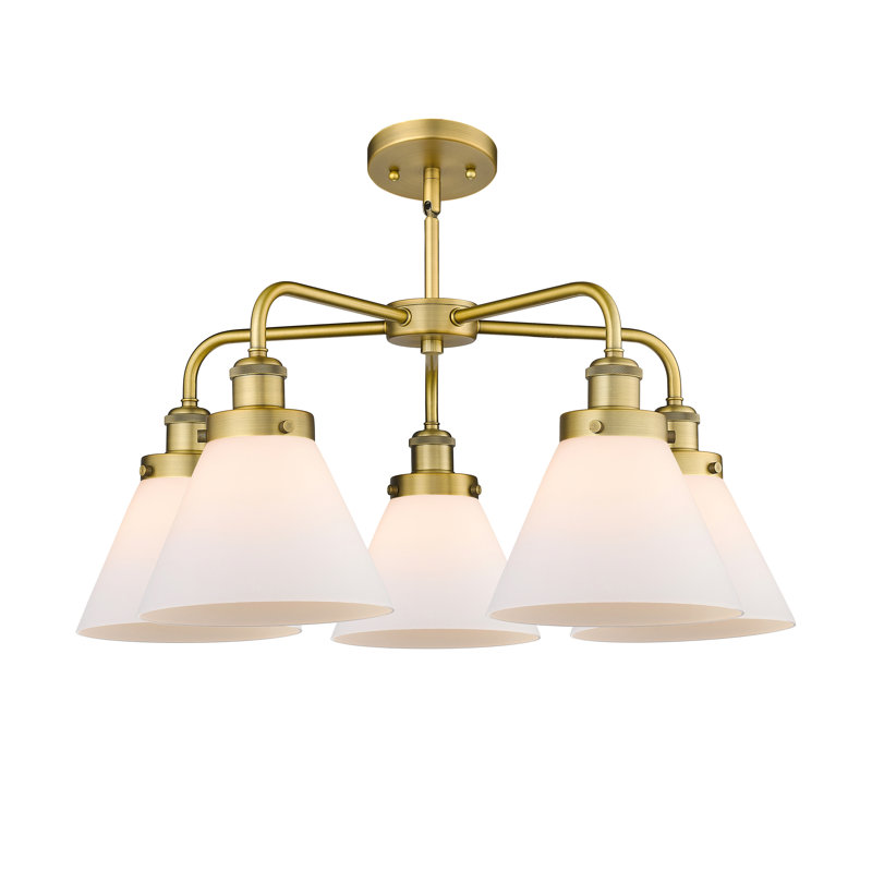 Lustre suspendu 5 lumières Cone, Blanc mat, Laiton brossé