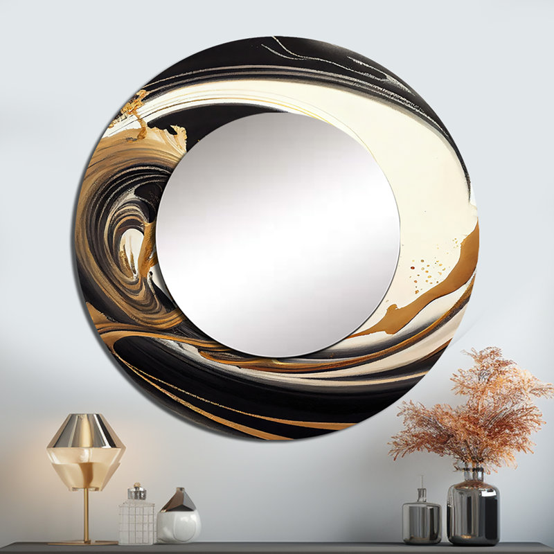 Philomenia noir et or tourbillon V - miroir spirales abstraites, miroir mural rond unique moderne, art imprimé en métal