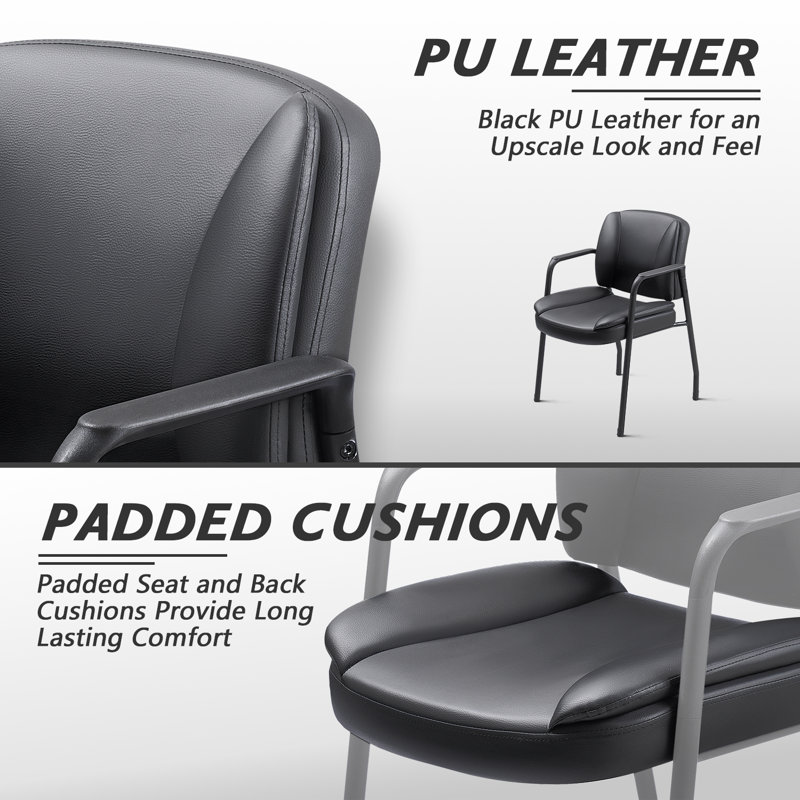 Black Leather Office Guest Chairs with Metal Frame, Set of 2