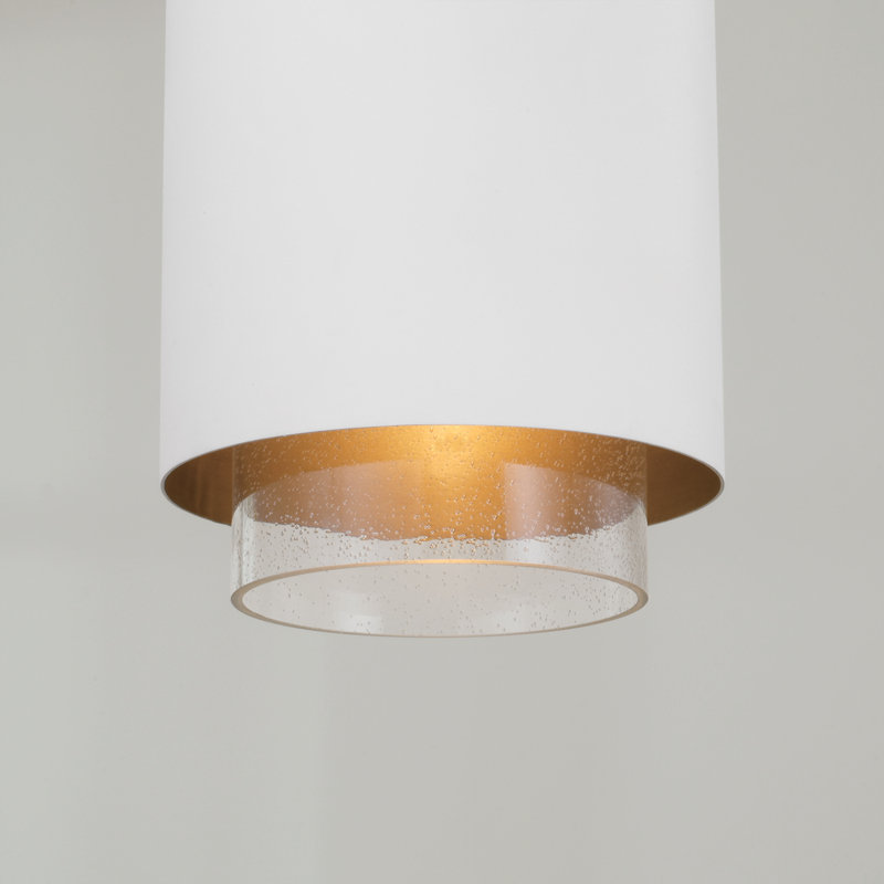 11.50"W x 19.50"H 1-Light Cylindrical Metal Pendant with Seeded Glass, Matte Brass/White