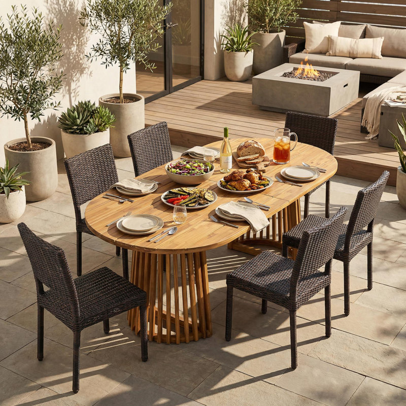 Larry Outdoor 6-Person Acacia Wood Dining Set With PE Rattan Chairs & Pedestal Table, 6, Teak