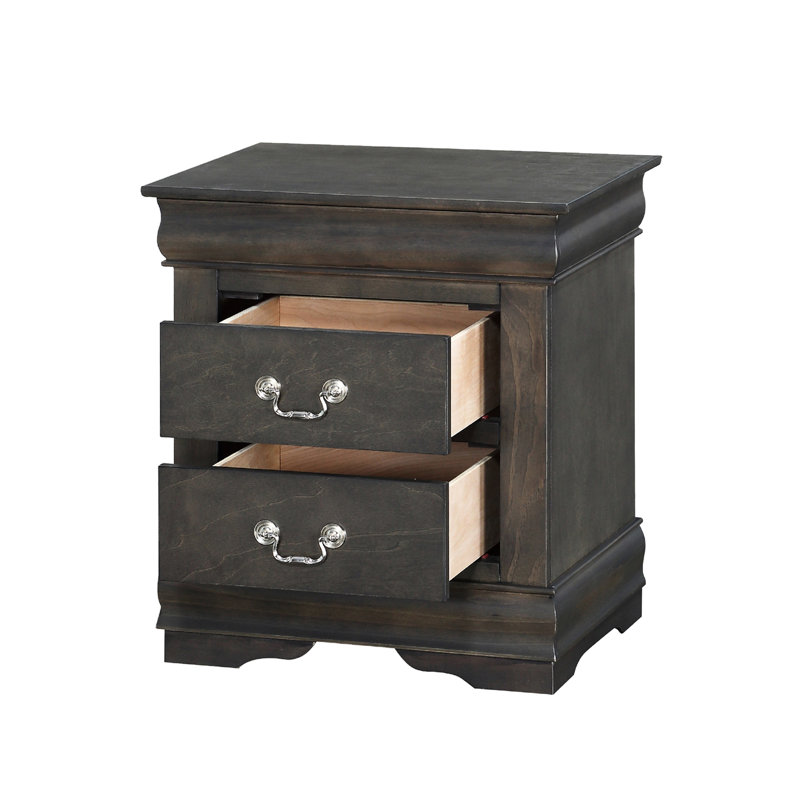 Table de chevet de chambre à coucher en gris foncé, 2 tiroirs en pin massif et métal avec poignées, gris - Rehaussez votre attrait