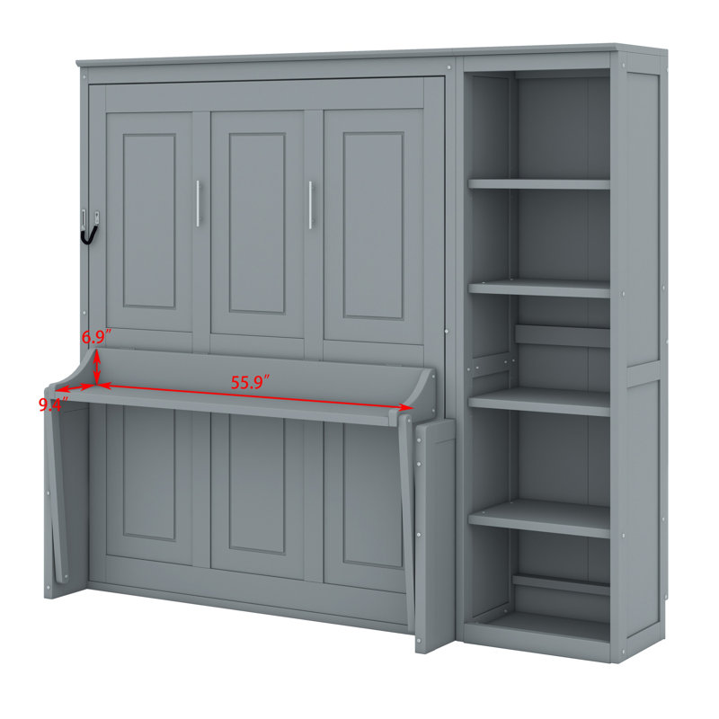 Lit escamotable avec bureau et bibliothèque Murphy, Gris, Lit double