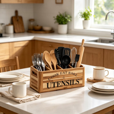 Acacia Wood Utensil Holder for Kitchen Counter, Slanted Front Compartment Organizer with Handles, Removable Dividers, Drain Holes and Wall Mount, Cook