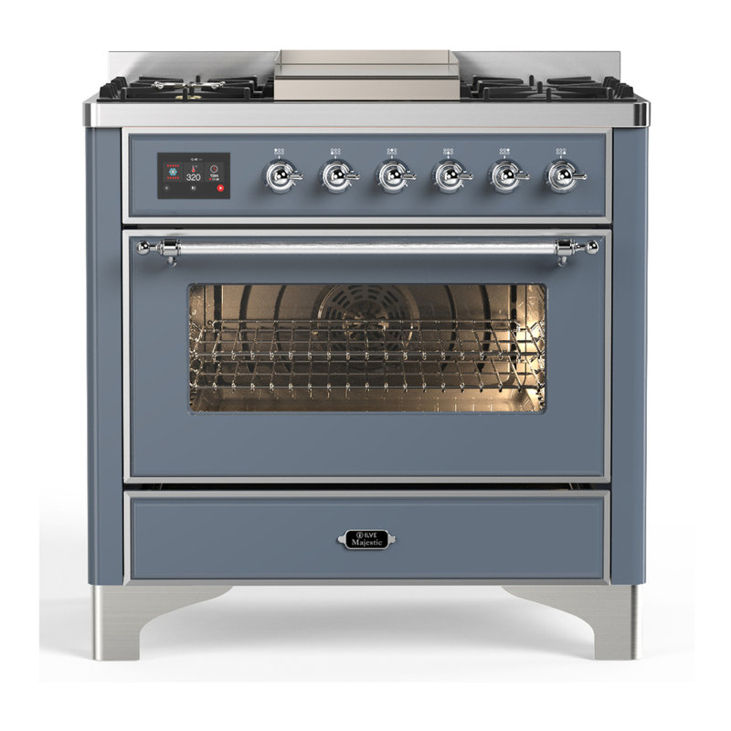 Majestic III Series 36 Inch Dual Fuel Range with 6 Sealed Burners, Griddle, in Glossy Black (Natural Gas, Brass Trim), Chrome