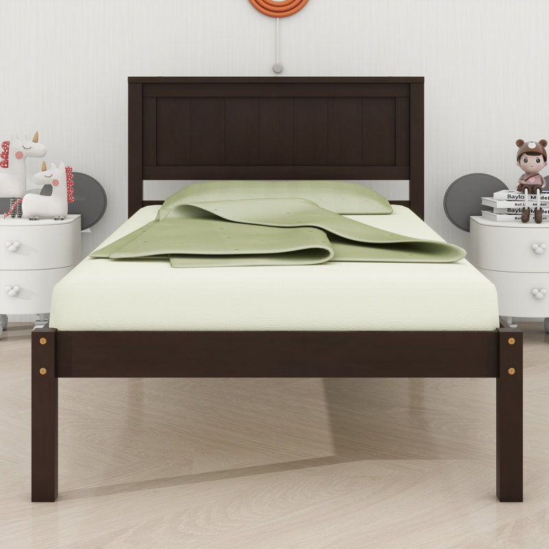 Lit plateforme minimaliste en bois avec tête de lit et sommier à lattes, sans sommier tapissier., Twin, Espresso