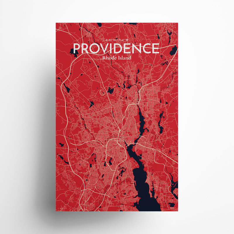 Providence, carte de la ville, impression, H 17 po x l 11 po, Rouge / Bleu marine