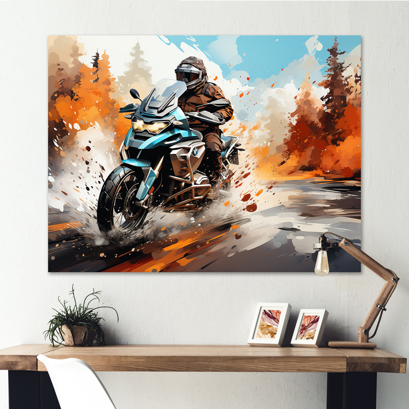 Aquarelle, motocyclette, sentier Speedster, H 16 po x l 32 po x P 1 po, Toile tendue