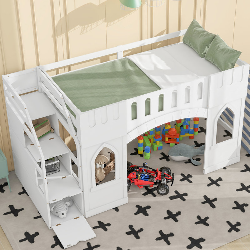 Lit mezzanine simple avec rangement pour fenêtre et escalier, blanc - fait de bois massif pour plus de durabilité, Blanc