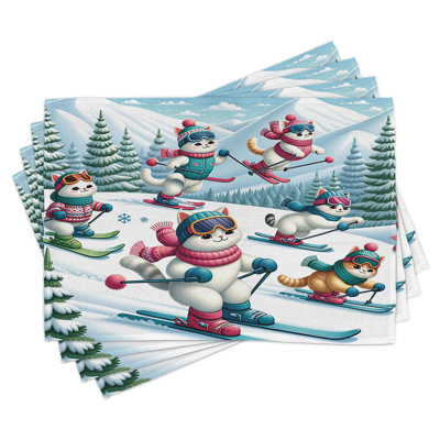 Ambesonne Cat Place Mats Set of 4 Snowy Cartoon Skiing Kitties Standard Pale Blue Raspberry White -  ser_429880