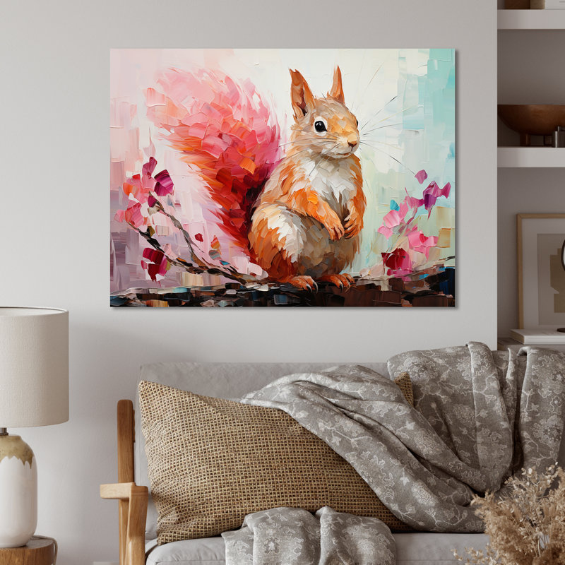 Écureuil rose et vert en fleurs IV - Art mural en métal animal écureuil, H 30 po x l 40 po x P 1,5 po