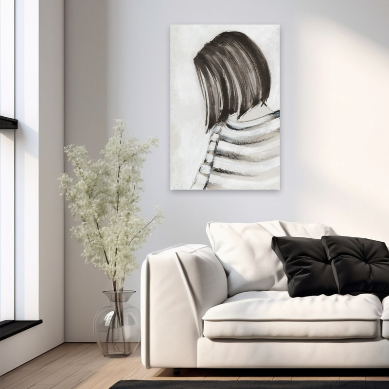 Portrait et femme, réflexion silencieuse à rayures monochromes, H 36 po x l 24 po