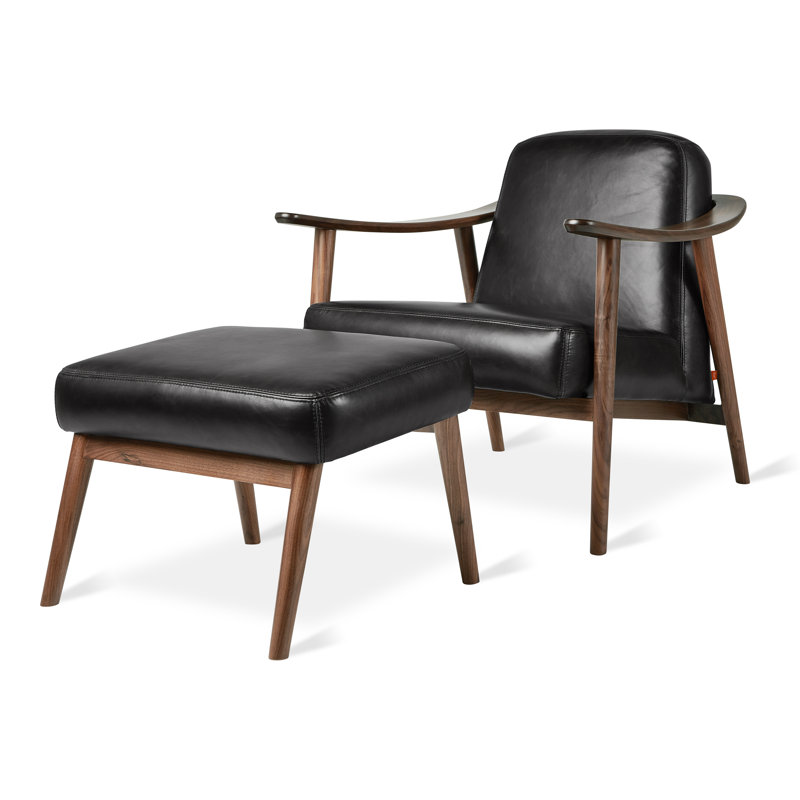 Baltic Armchair with Ottoman, Saddle Black Genuine Leather, Ash Natural