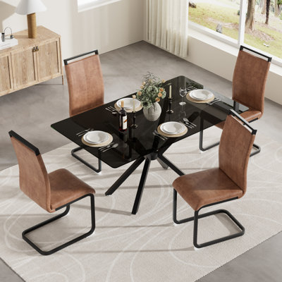 Ensemble de table de salle à manger moderne en verre 47 po et 4 chaises en tissu à haut dossier, pieds en métal argent / noir / or pour la salle à manger de cuisine