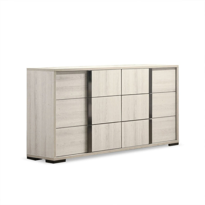 Commode large Hyao, 6 tiroirs avec poignées chromées, placage blanc délavé