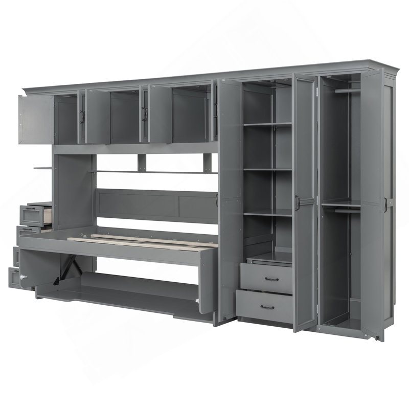Lit escamotable simple avec garde-robe, armoire et bureau, gris, Gris