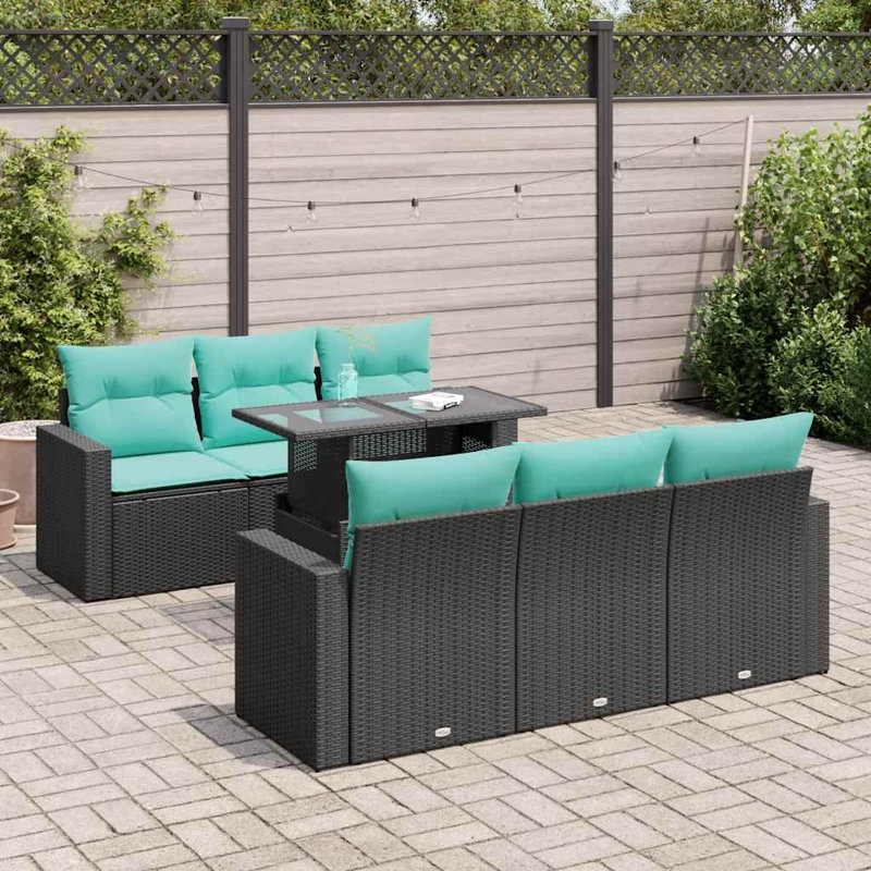  Ensemble de canapé de patio 7 pièces avec coussins en rotin polyacacia, Noir, Vert