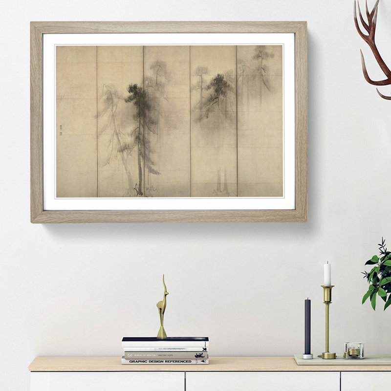 Pine Trees by Hasegawa Tohaku - Picture Frame Painting Print, 36cm H x 48cm W x 2cm D, Oak Framed