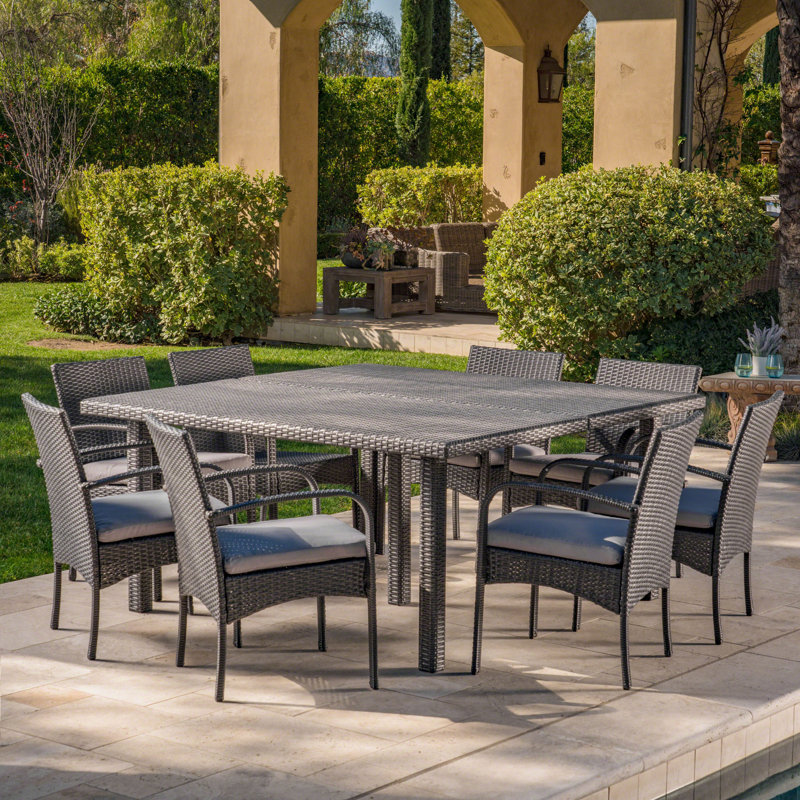 8 - Person Patio Dining Set with Square Table, Gray Frame / Gray Cushion