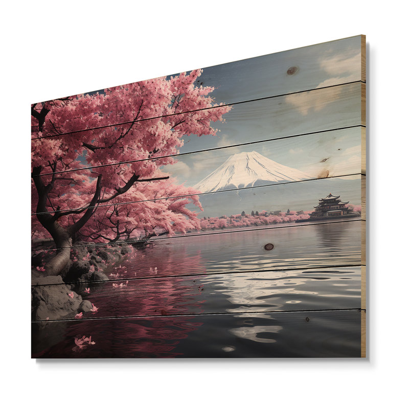 Art du Japon, mont Fuji II rose sur bois, H 30 po x l 40 po x P 0,78 po