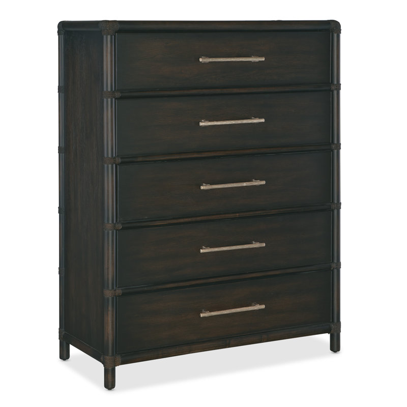 Retreat Pole Rattan Five-Drawer Chest, Dark Wood/Black Sand
