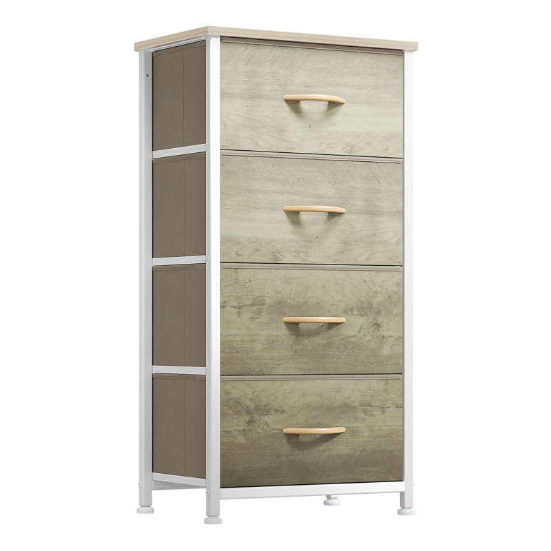4 Drawer Fabric Dresser with Wooden Top and Metal Frame for Closet Storage, Maple/White