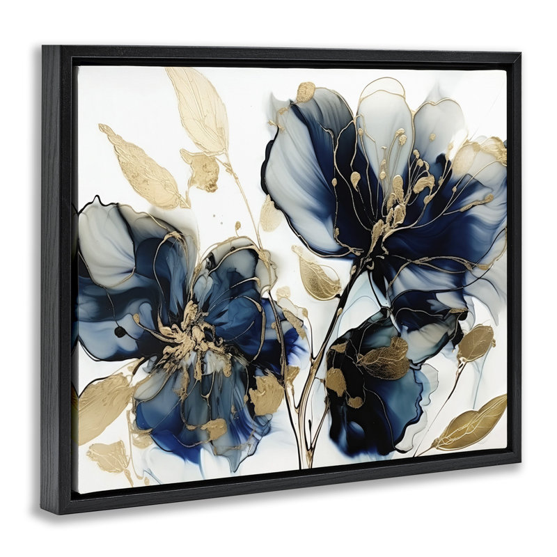Fleurs bleues tourbillonnantes modernes, H 17 po x l 21 po, Cadre flottant noir de jais