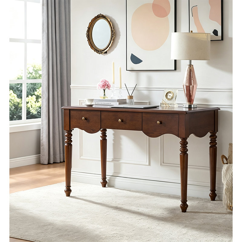 Bureau d'écriture rétro en bois avec trois tiroirs, H 30,71 po x l 55,12 po x P 23,62 po, Brun