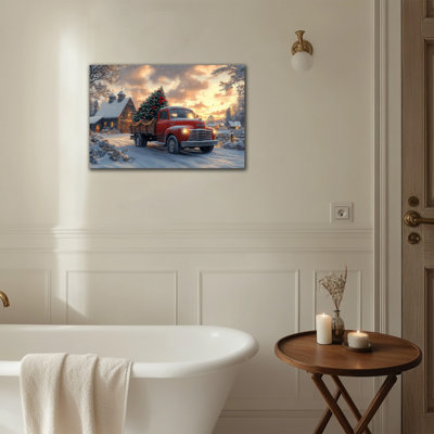 Rustic Red Barn Canvas Farmhouse Christmas Wall Art, Festive Red Truck Winter Landscape Painting, Holiday Snowy Scenery Large Artwork Prints for Living Room Entryway Decoration, 28x40 inches