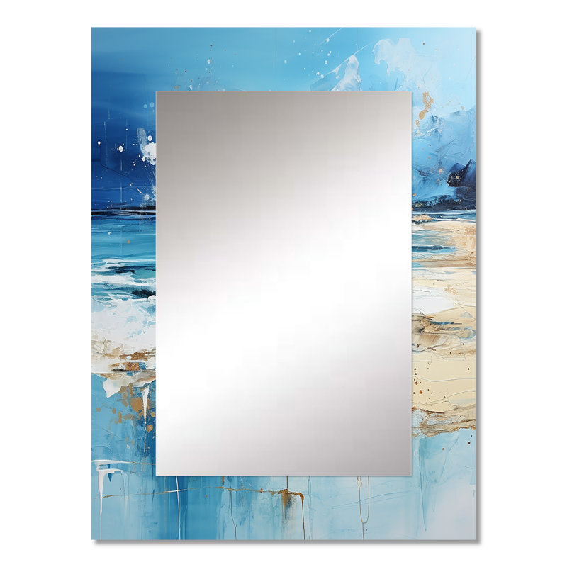 Bleu et beige Tranquility Beach II - grand miroir côtier, décor de miroir mural bleu unique, impression d'art en métal