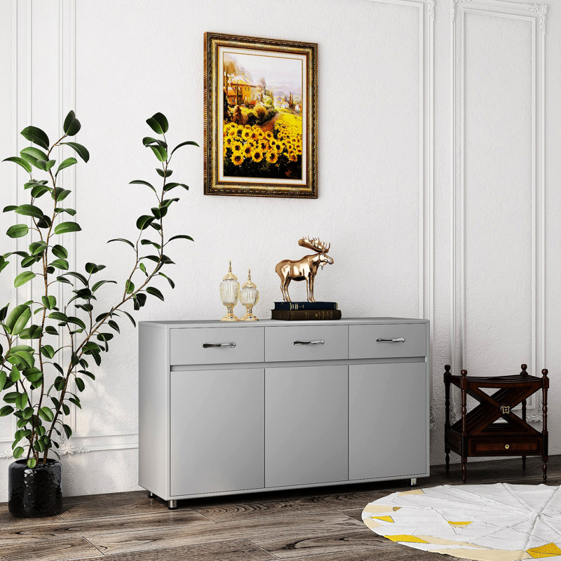 Table d'appoint grise avec grande capacité de rangement et lignes élégantes à trois portes en gris, procédé de peinture supérieur