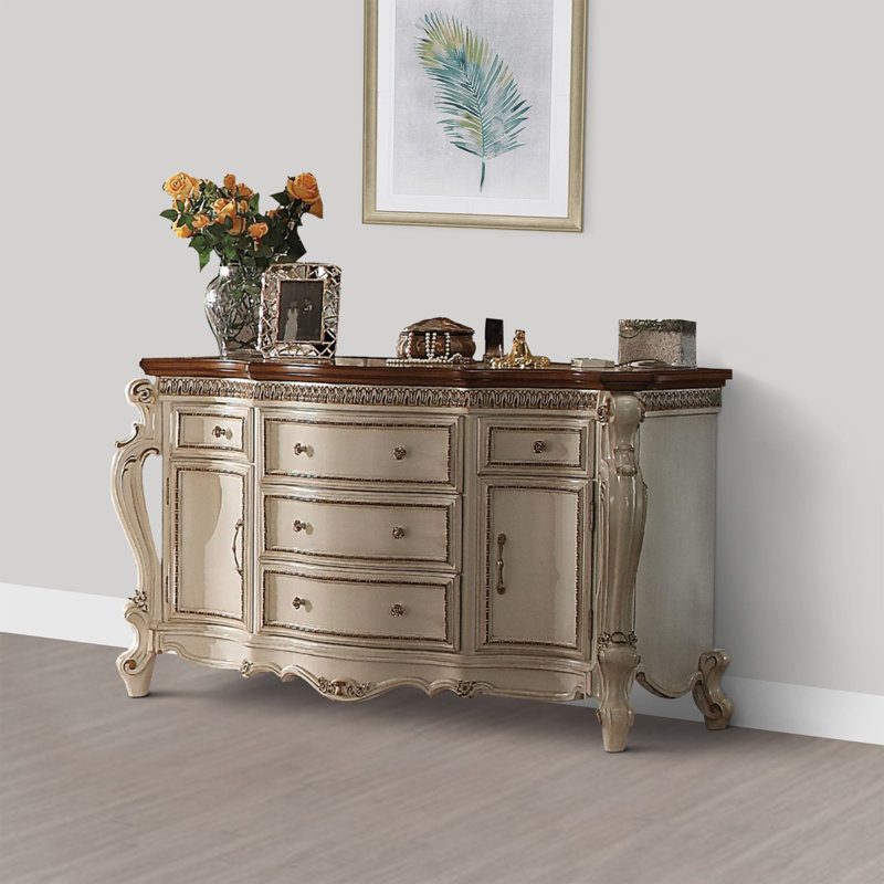 Vestavia 5-Drawer Combo Dresser in Antique Pearl, Antique Pearl/Cherry Oak