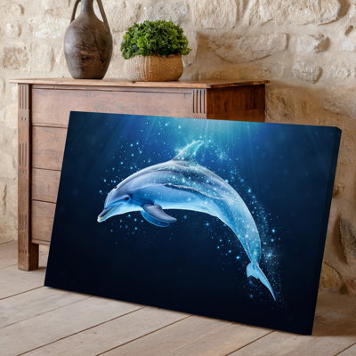 Canvas A Luminous Dolphin Gracefully Leaps Through A Dark Ethereal Underwater Wall Art Scene Surrounded By Shimmering Particles Of Canvas Wall Art