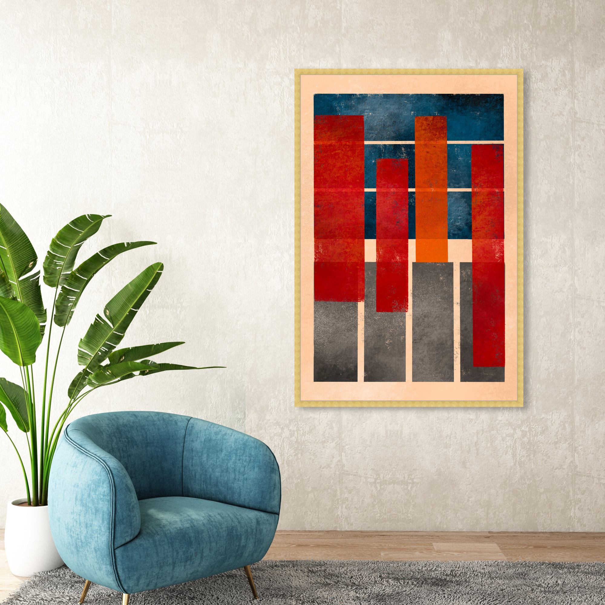 Geometric Red And Blue by Oliver Gal, Gold, 56" H x 38" W