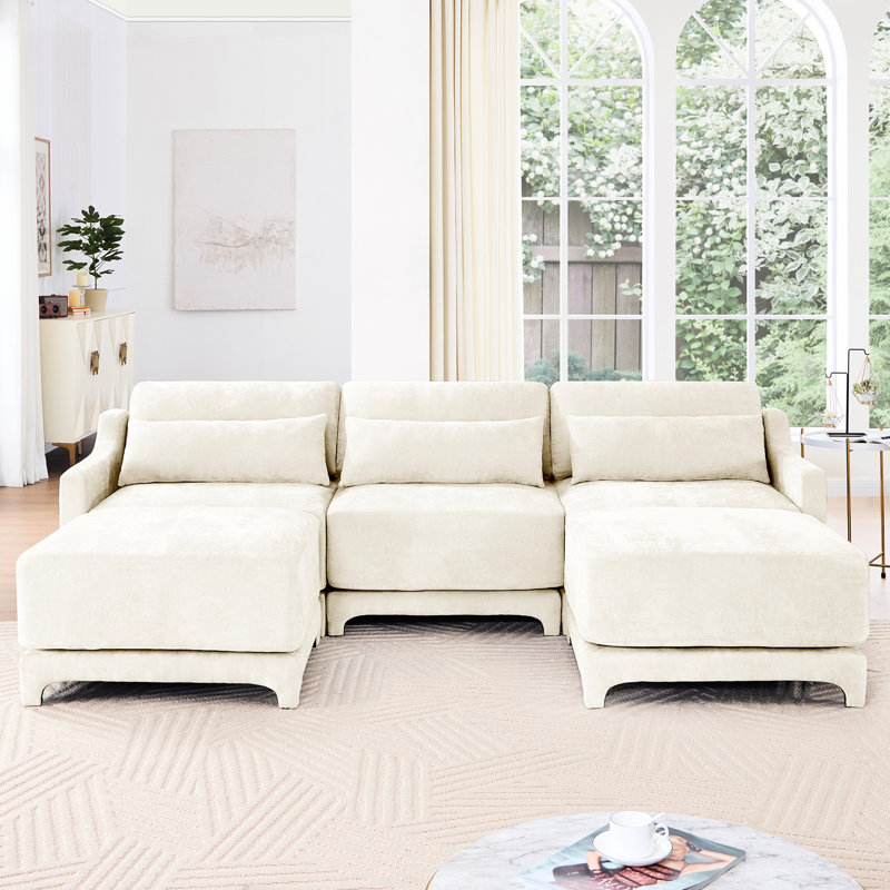 Trois places en chenille beige, 2 repose-pieds mobiles, coussin lombaire, rembourrage en mousse, conception élégante des accoudoirs, options de configuration flexibles en chenille avec mousse de résilience de soutien, base en bois robuste,