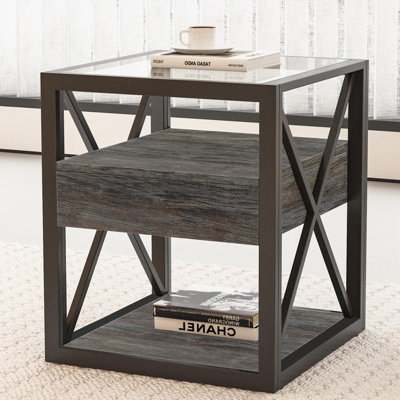 Table de bout avec plateau en verre, tiroir et tablette ouverte