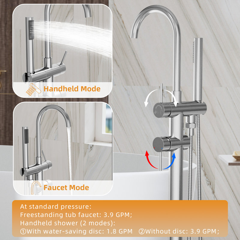 45"H Freestanding Brushed Nickel Tub Faucet With Handheld Shower | 360° Swivel Spout, 3.9GPM Flow, 304 Stainless Steel, CUPC Certified