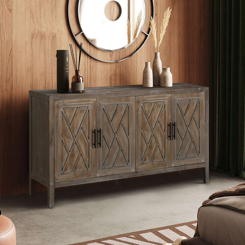 60 Inches Modern Farmhouse Accent Cabinet With 4 Doors And Adjustable Shelf Wood Sideboard Buffet Cabinet Console Table Credenza Buffet Table For Kitchen Dining Room Entryway Hallway
