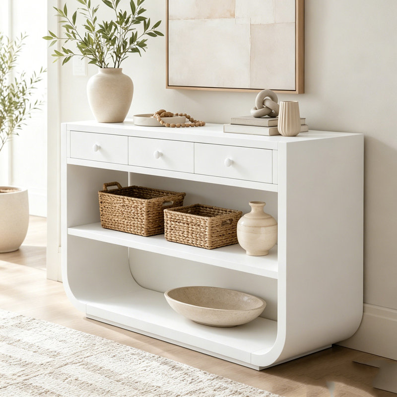 Console moderne avec 3 tiroirs à fermeture en douceur et 2 tablettes ouvertes, Blanc