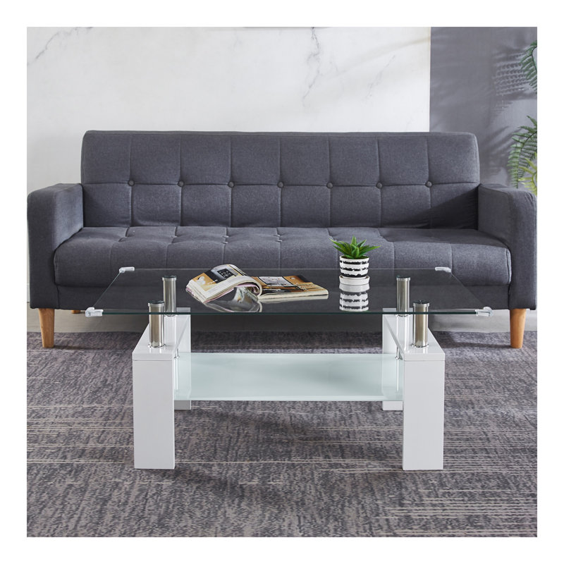 Table basse Artisan, plateau en verre trempé, pieds en acier inoxydable pour le salon, blanc