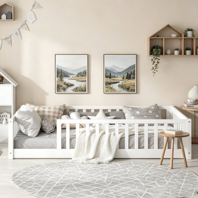 Twin Size Floor Bed With Fence Without Door, Rubber Wood Floor Bed With Safety Guardrails,White