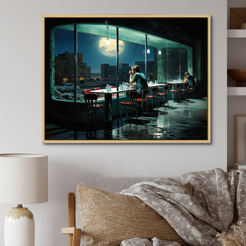 Masterpiece Nighthawks By Edward IV - Masterpiece Canvas Art Print, Cadre naturel flottant, H 34 po x l 44 po