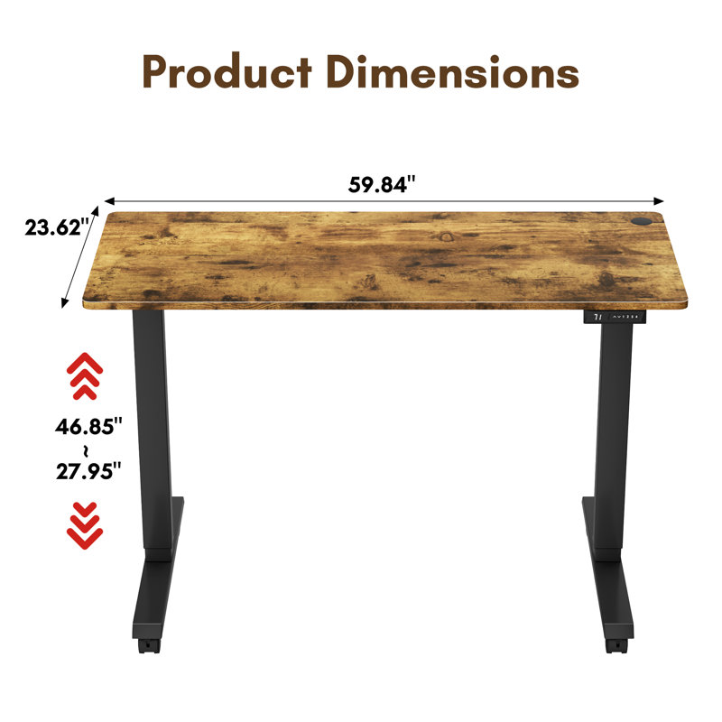 Bureau debout électrique à hauteur ajustable avec 4 roulettes verrouillables, Brun / Noir, H 27,95 po x l 60 po x P 24 po