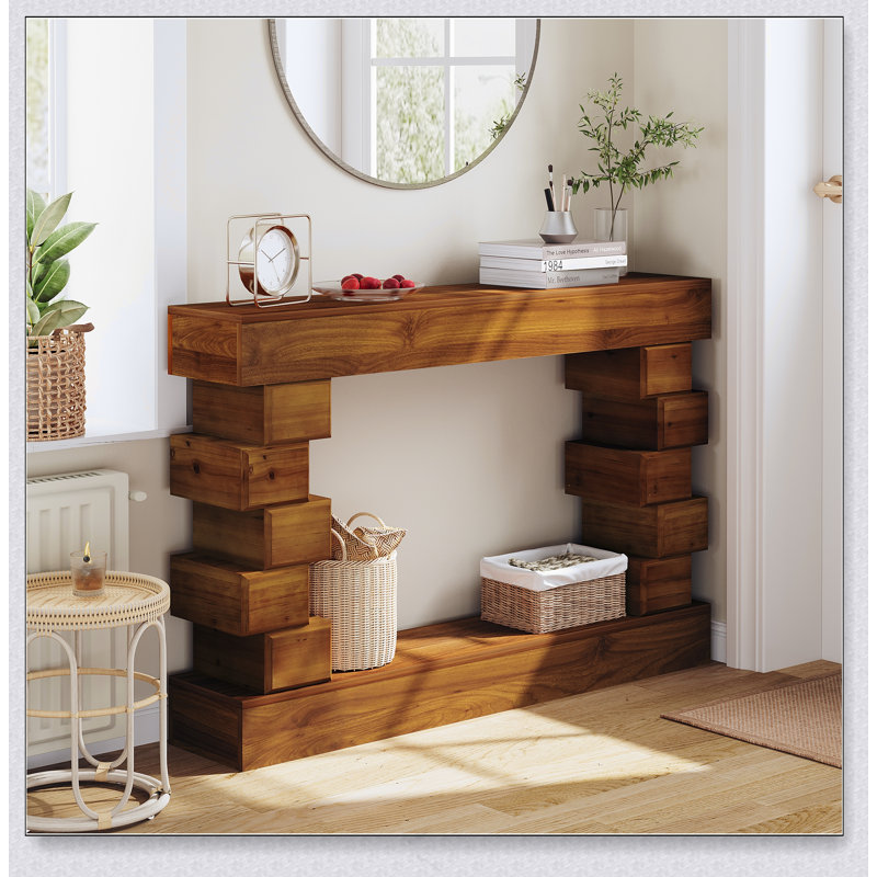 Geometric Block Stacked Wood Console Table