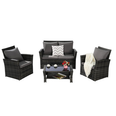 4 Outdoor Chair : Sun- Furniture With Cleanable Fabric & Glass Coffee Table For Lawn Elegant 4Pcs Patio Weather- Cushions