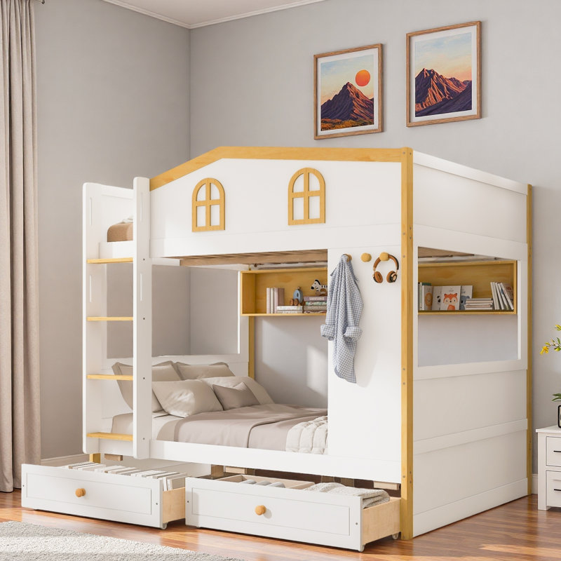 Lit superposé avec garde-corps en forme de maison, tablettes de rangement et tiroirs, Simple sur simple