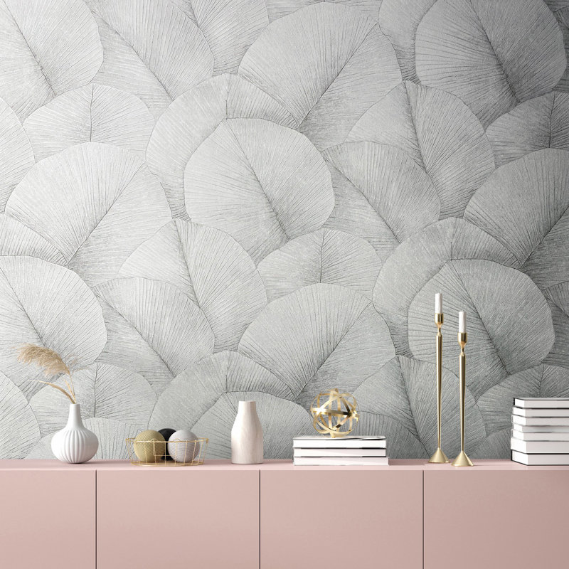 Kumano 3D Embossed Palm Leaf Wallpaper Roll, Gray