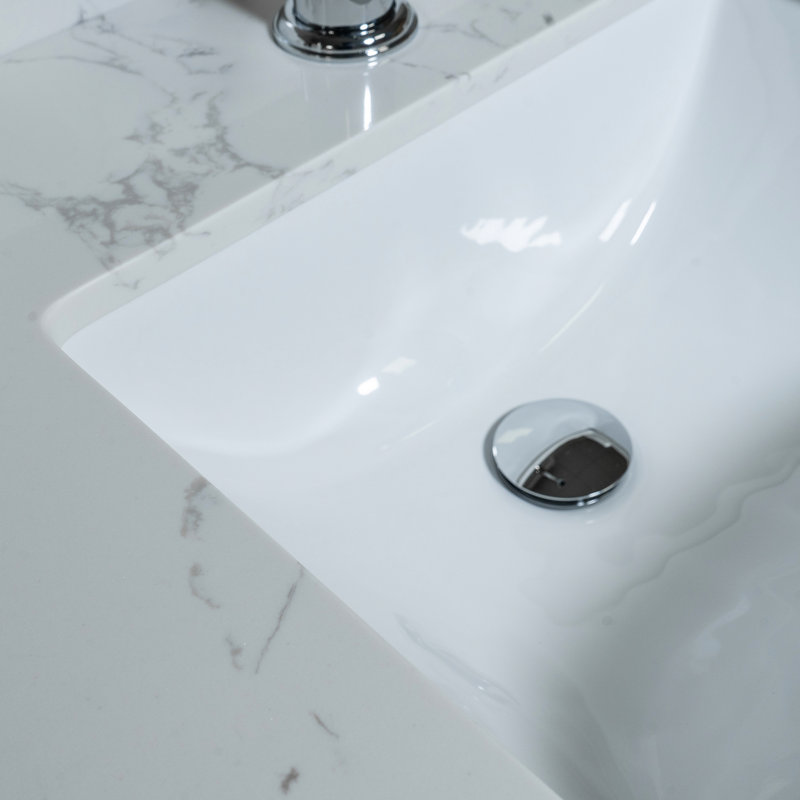 Plateforme de travail en pierre de 31 pouces avec lavabo en céramique encastré - comptoir de meuble-lavabo et dosseret de 31 pouces à effet marbré blanc