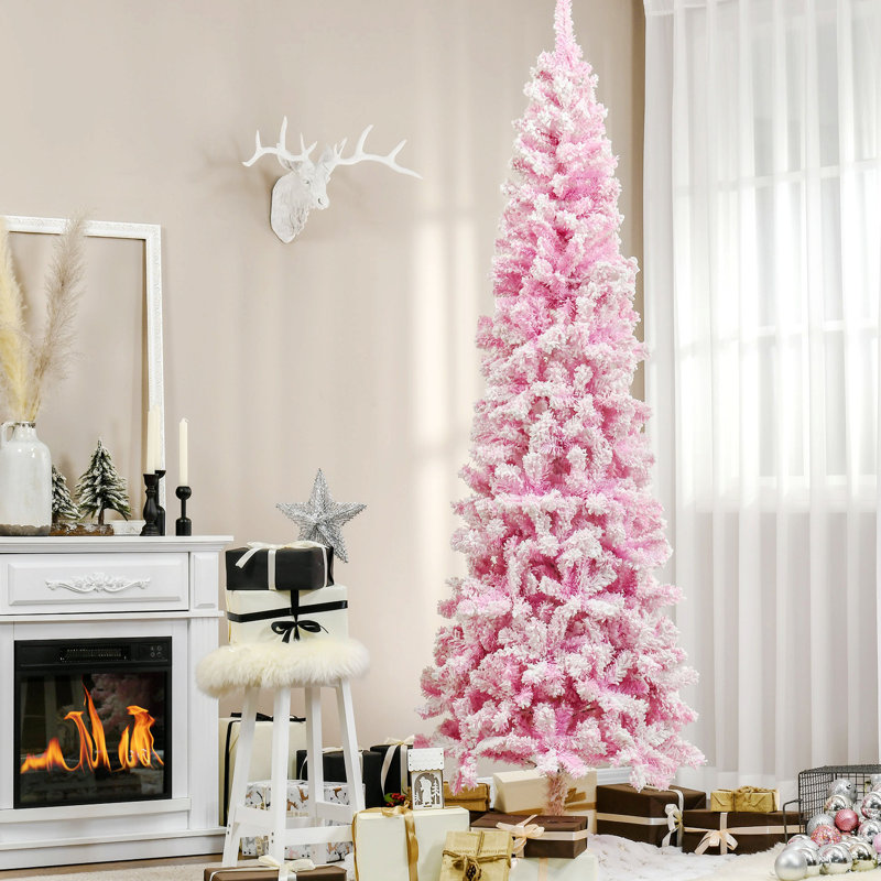 7.5' Tall Unlit Snow Flocked Artificial Christmas Tree, Slim Pencil Xmas Tree With Pine Shape And Realistic Branches